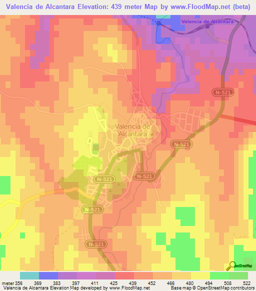 Valencia de Alcantara,Spain Elevation Map