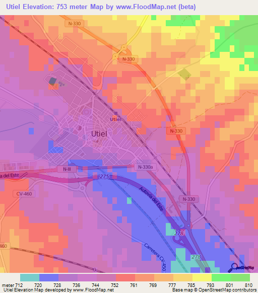 Utiel,Spain Elevation Map