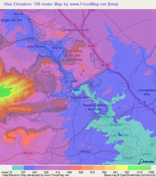 Ulea,Spain Elevation Map