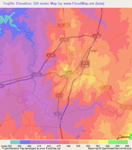 Trujillo,Spain Elevation Map