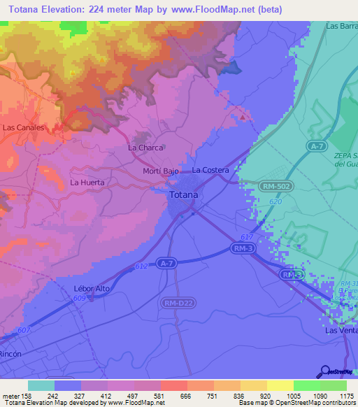 Totana,Spain Elevation Map