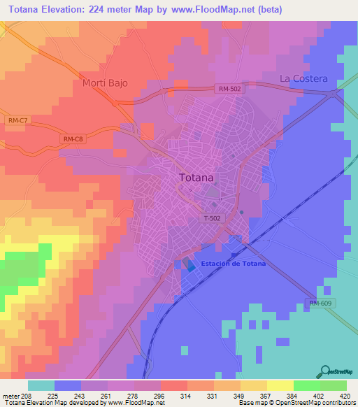 Totana,Spain Elevation Map