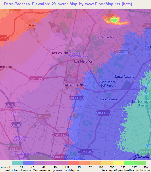 Torre-Pacheco,Spain Elevation Map