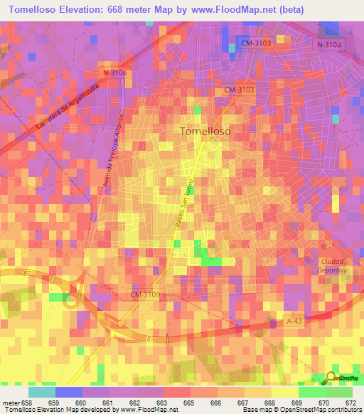 Tomelloso,Spain Elevation Map