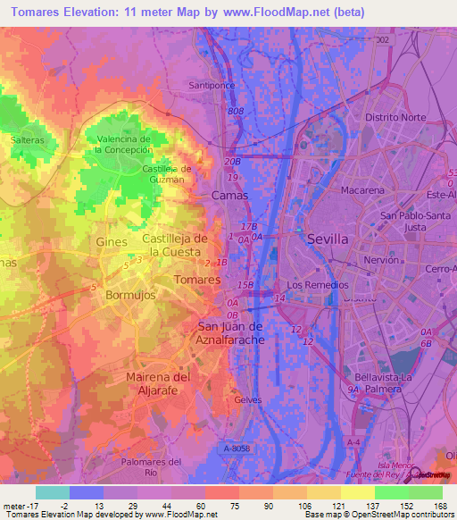 Tomares,Spain Elevation Map