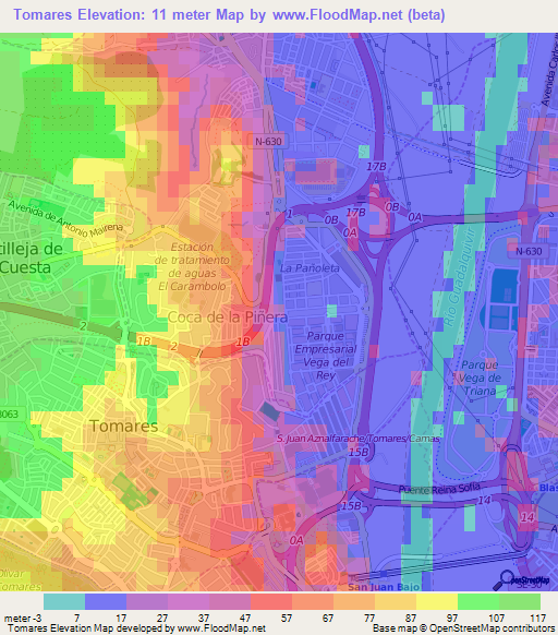 Tomares,Spain Elevation Map