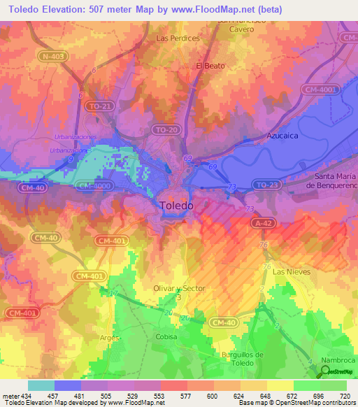 Toledo,Spain Elevation Map