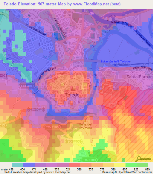 Toledo,Spain Elevation Map