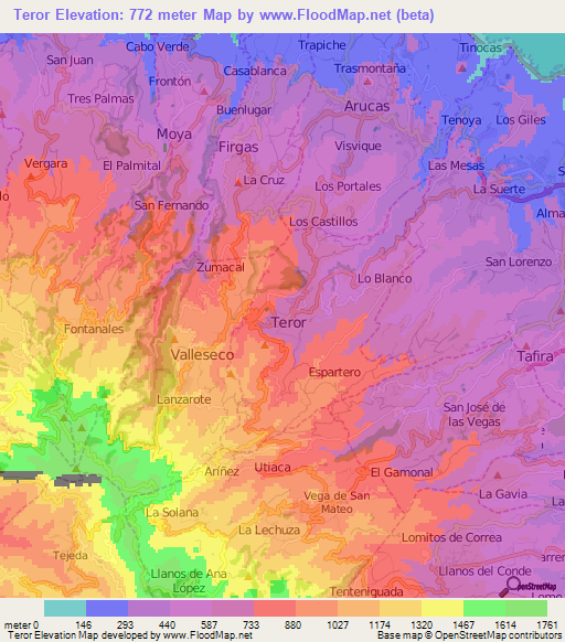 Teror,Spain Elevation Map