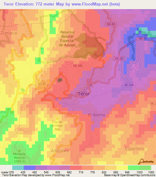 Teror,Spain Elevation Map