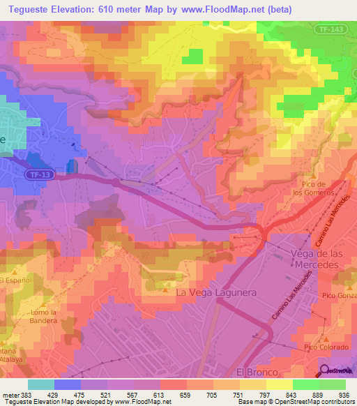 Tegueste,Spain Elevation Map