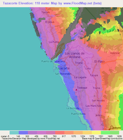 Tazacorte,Spain Elevation Map