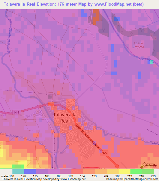 Talavera la Real,Spain Elevation Map