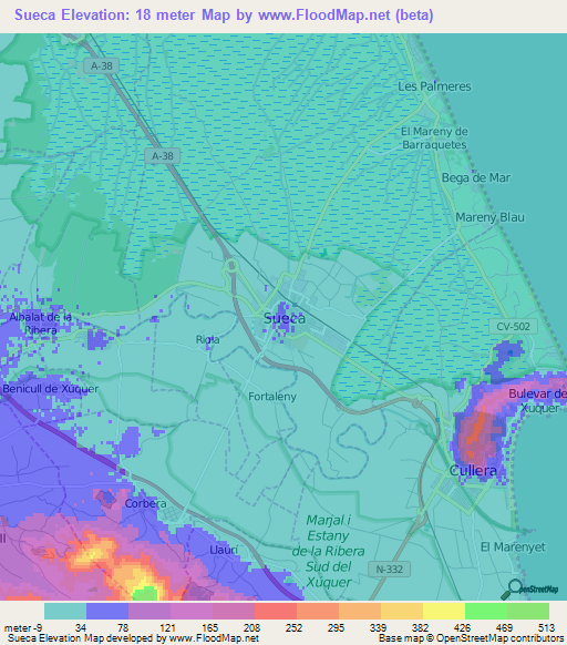 Sueca,Spain Elevation Map