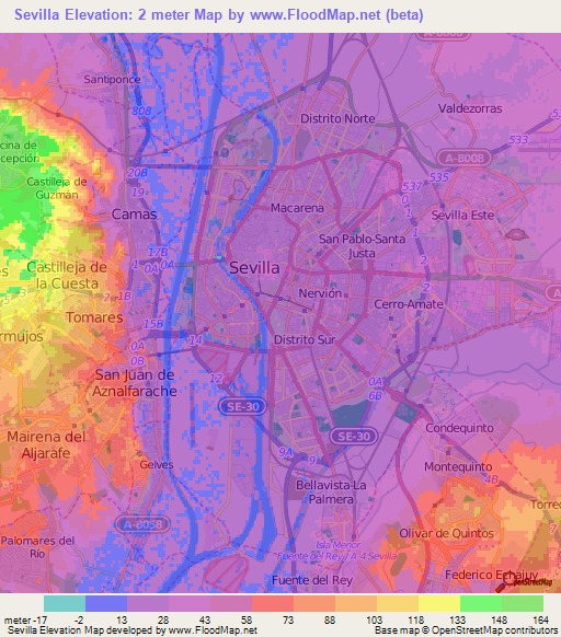 Sevilla,Spain Elevation Map