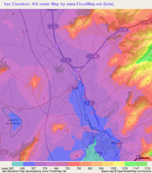 Sax,Spain Elevation Map