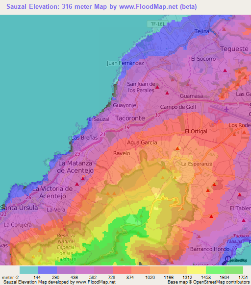 Sauzal,Spain Elevation Map