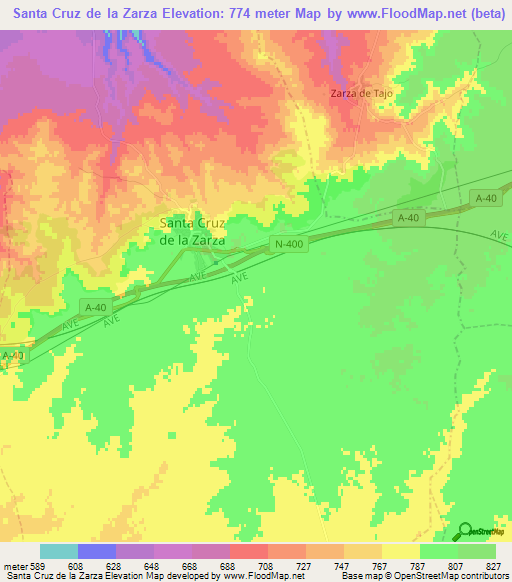 Santa Cruz de la Zarza,Spain Elevation Map