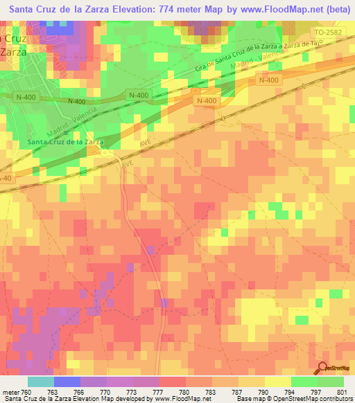 Santa Cruz de la Zarza,Spain Elevation Map