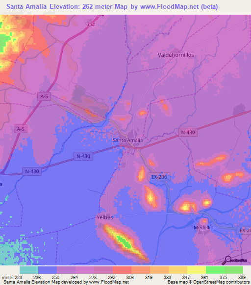 Santa Amalia,Spain Elevation Map