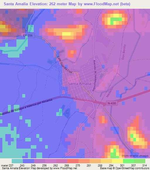 Santa Amalia,Spain Elevation Map