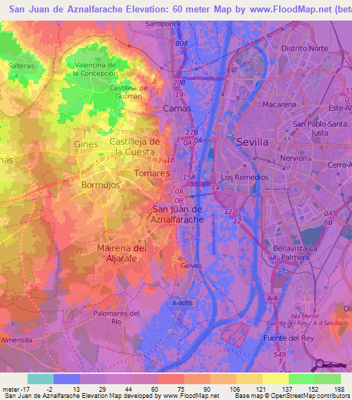 San Juan de Aznalfarache,Spain Elevation Map