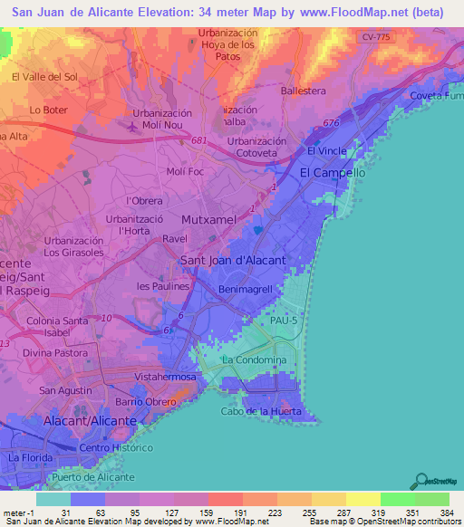 San Juan de Alicante,Spain Elevation Map