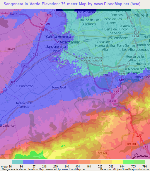 Sangonera la Verde,Spain Elevation Map