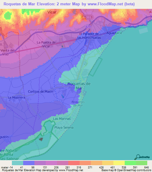 Roquetas de Mar,Spain Elevation Map