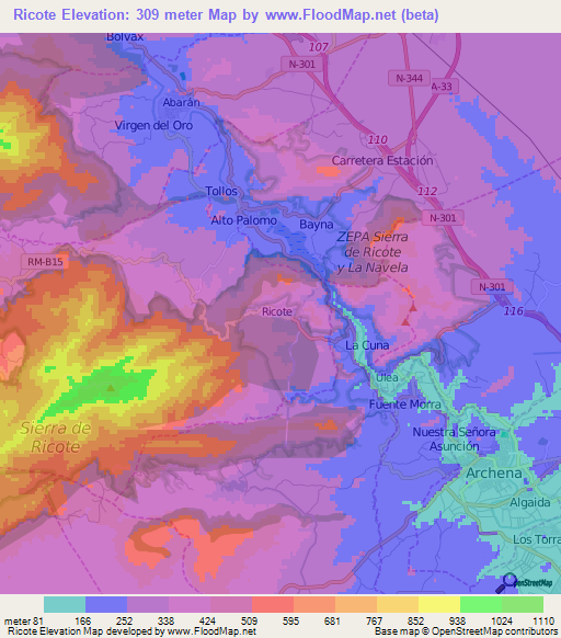 Ricote,Spain Elevation Map