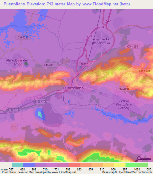 Puertollano,Spain Elevation Map