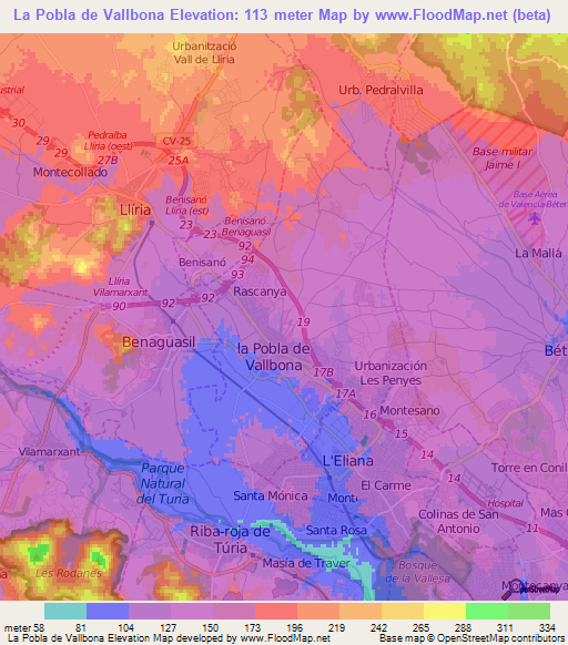 La Pobla de Vallbona,Spain Elevation Map