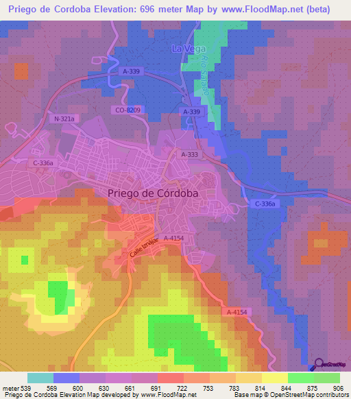 Priego de Cordoba,Spain Elevation Map