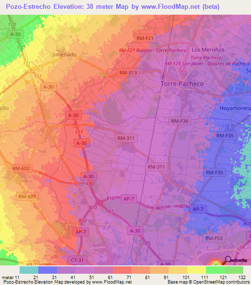 Pozo-Estrecho,Spain Elevation Map