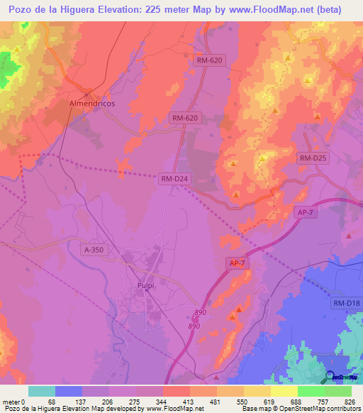 Pozo de la Higuera,Spain Elevation Map
