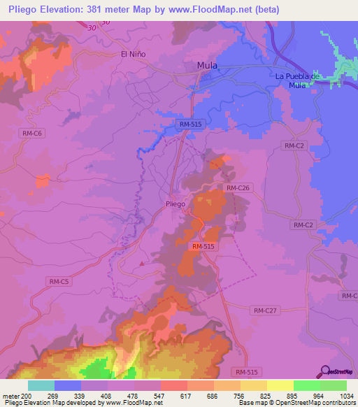 Pliego,Spain Elevation Map