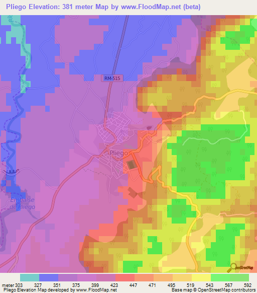 Pliego,Spain Elevation Map