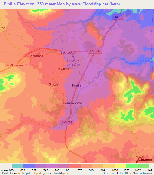 Pinilla,Spain Elevation Map