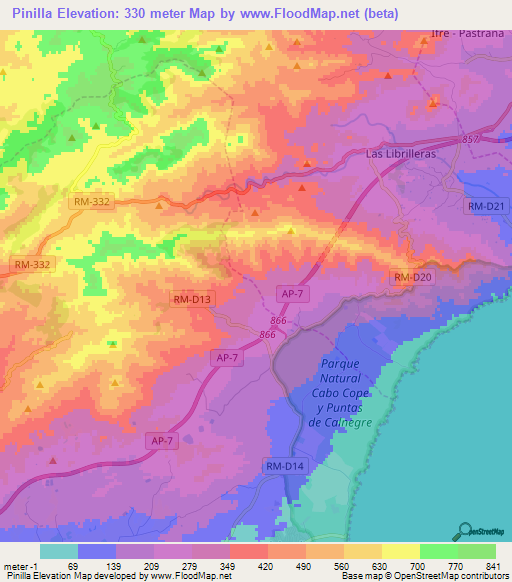 Pinilla,Spain Elevation Map