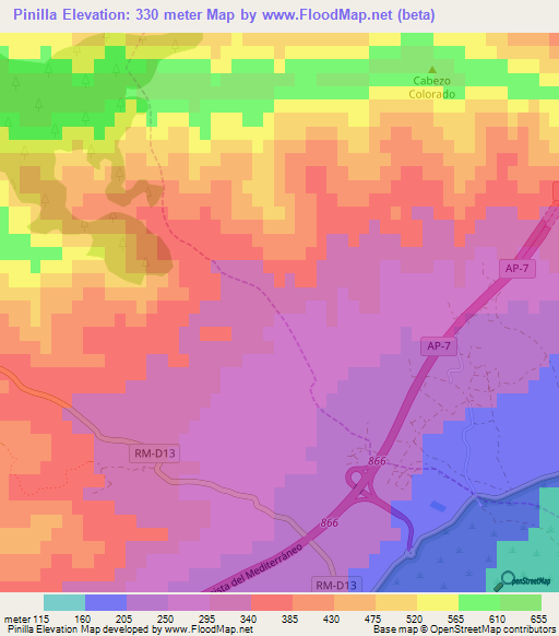 Pinilla,Spain Elevation Map