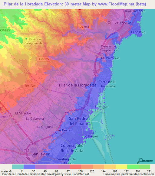 Pilar de la Horadada,Spain Elevation Map