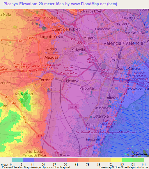 Picanya,Spain Elevation Map