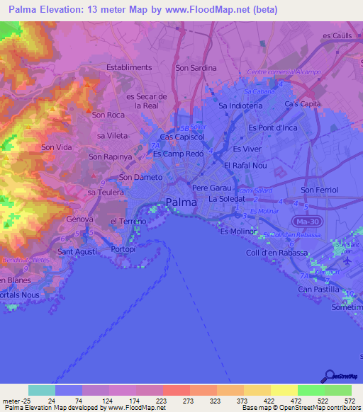 Palma,Spain Elevation Map