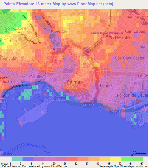 Palma,Spain Elevation Map