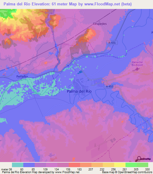 Palma del Rio,Spain Elevation Map