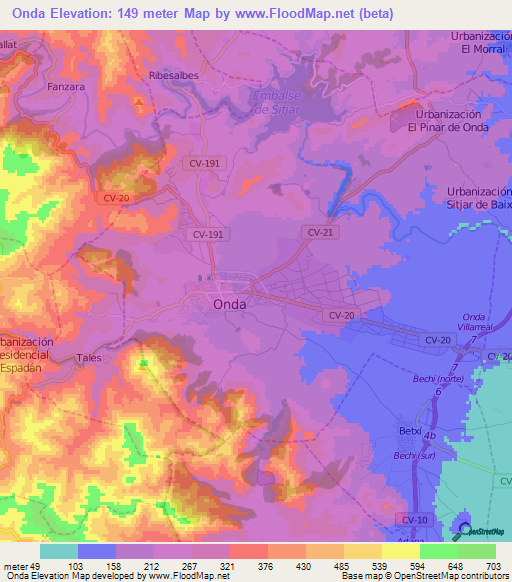 Onda,Spain Elevation Map