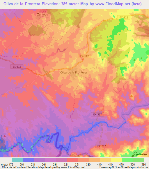 Oliva de la Frontera,Spain Elevation Map