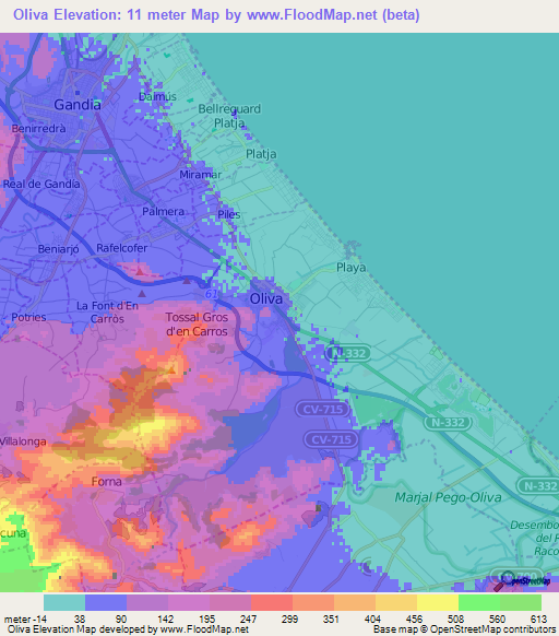 Oliva,Spain Elevation Map