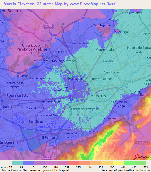 Murcia,Spain Elevation Map