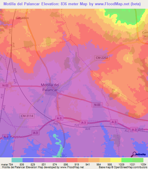 Motilla del Palancar,Spain Elevation Map